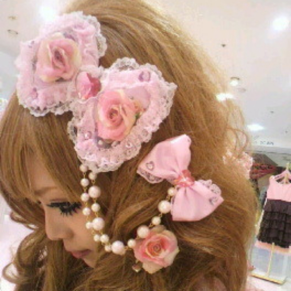 Rare La Pafait Hime Gyaru Lolita Pink Rose Lace Bow with Pearls And Rhinestones